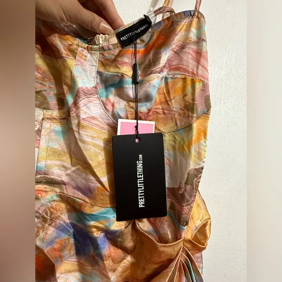 PLT Multi Marble Satin Ruched Skirt Corset Midi Dress Size 12 - Picture 6 of 8